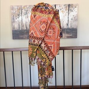 NEW Rachel Zoe Multicolor Aztec Motif Large Transitional Fringed Wrap/Scarf